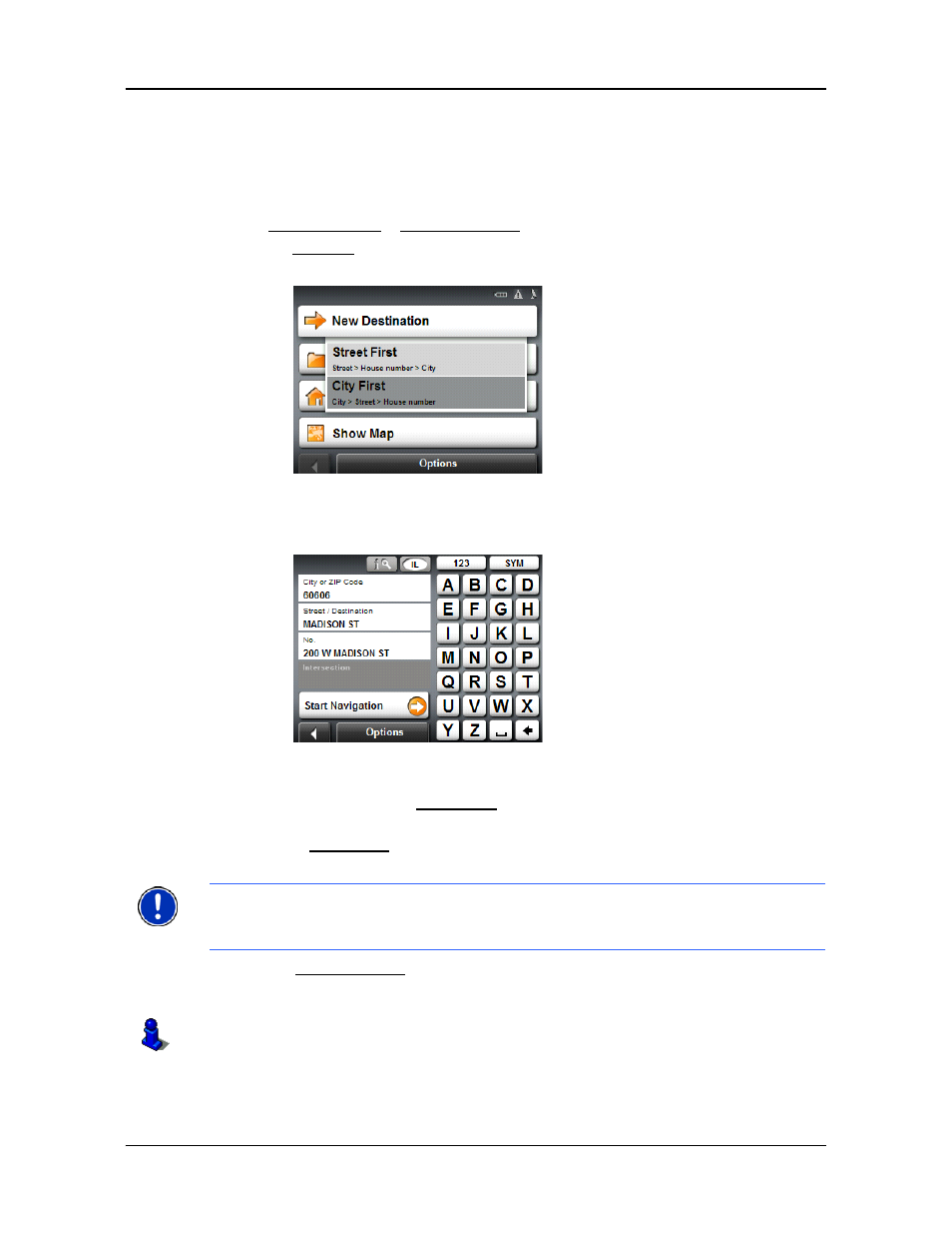 Entering an address, Specifying a city first | Navigon 5100 User Manual | Page 38 / 98