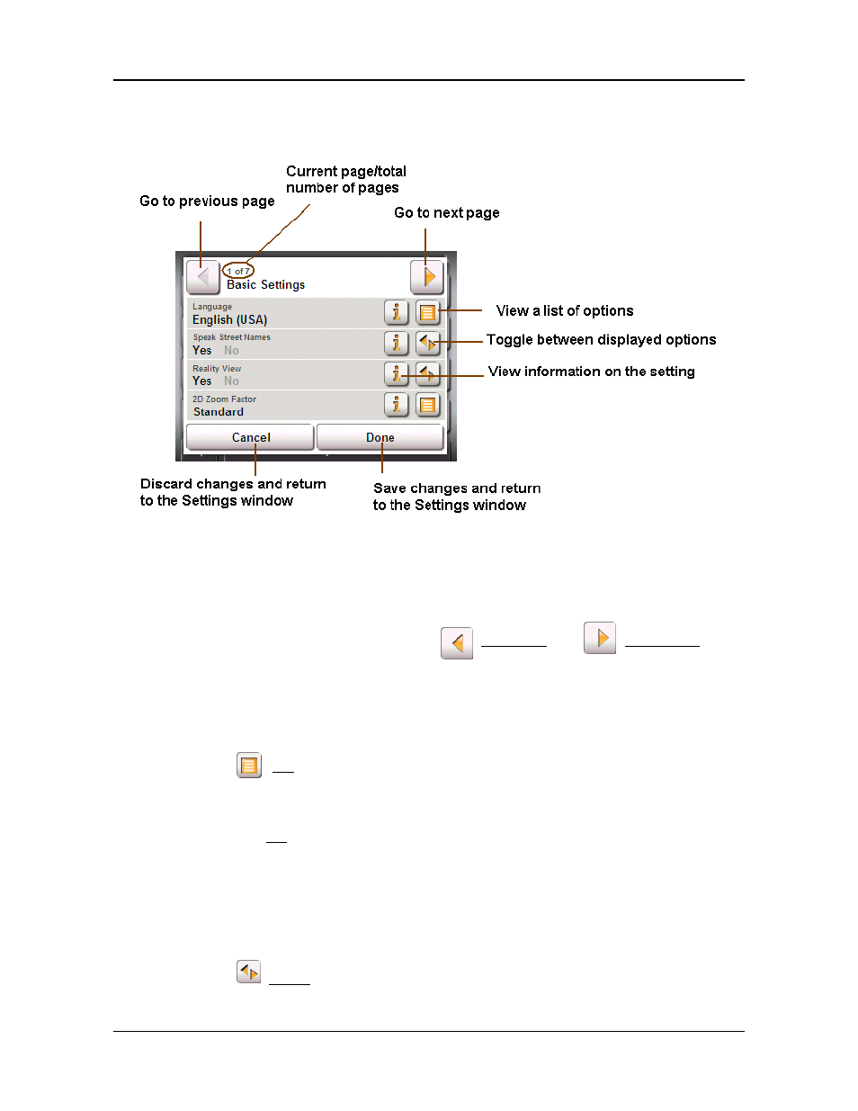 Selecting options, Viewing a list of options for a setting, Toggling between options | Moving between pages | Navigon 5100 User Manual | Page 89 / 98