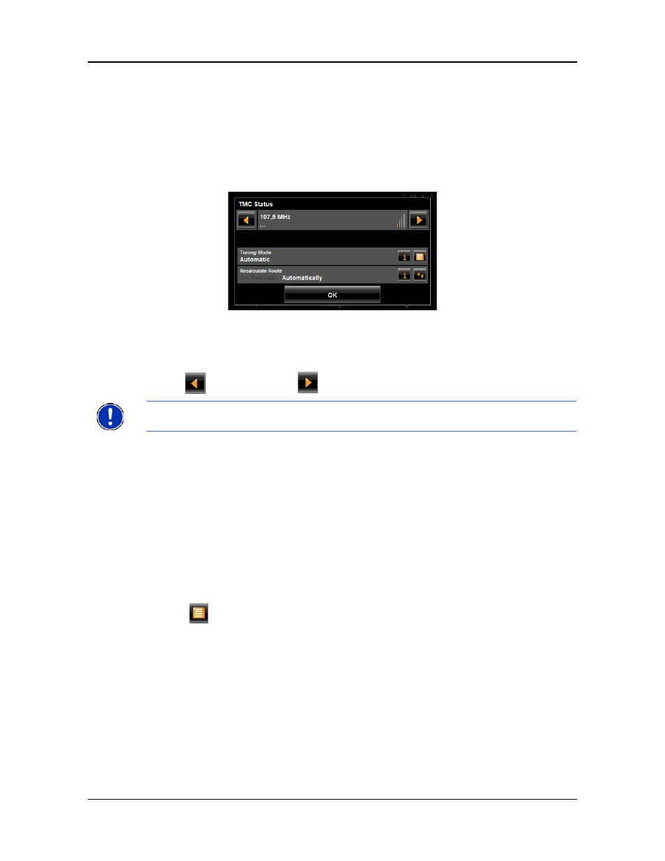 Tmc status window, Select another station, Select tuning mode settings | Recalculating route | Navigon 8100T User Manual | Page 143 / 182