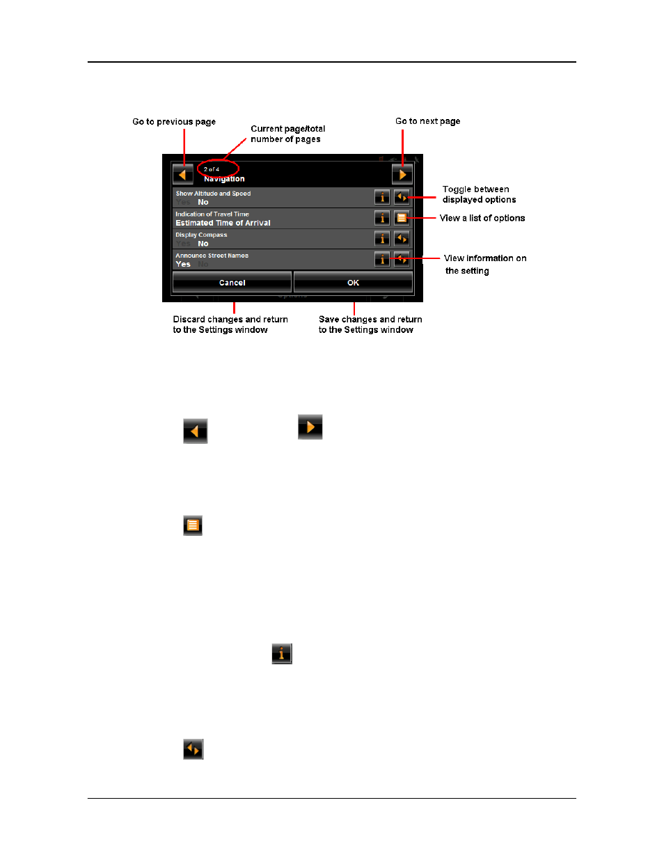 Selecting options, Viewing a list of options for a setting, Viewing information about a setting | Toggling between options, Moving between pages | Navigon 8100T User Manual | Page 169 / 182