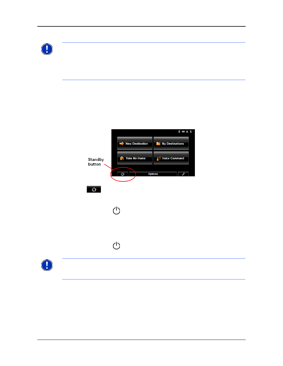 Using standby mode, From the main window, From any navigon 8100t window | Switching the device back on from standby | Navigon 8100T User Manual | Page 39 / 182