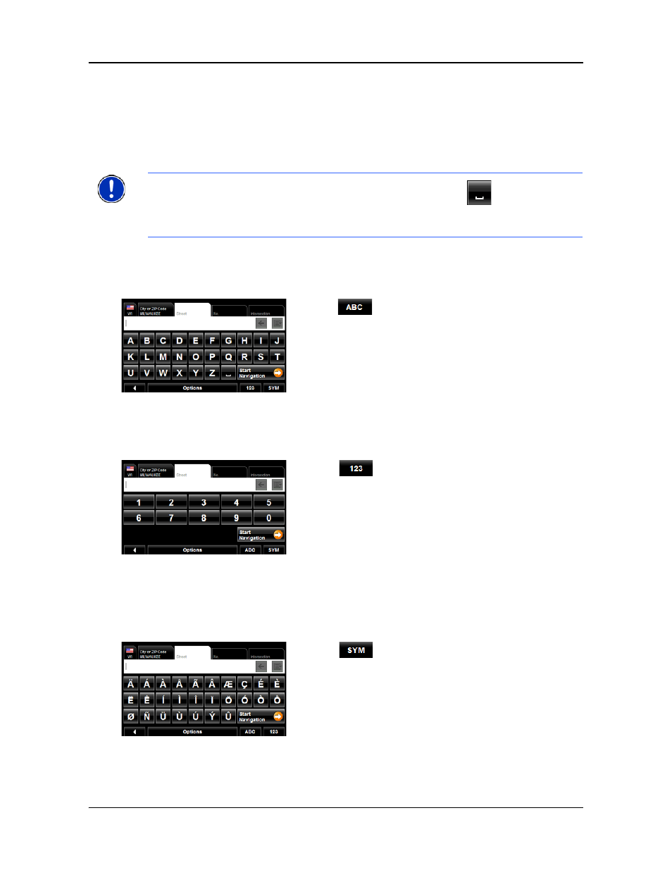 Using keyboards, Alphabetic keyboard, Numeric keyboard | Special character/symbol keyboard | Navigon 8100T User Manual | Page 47 / 182