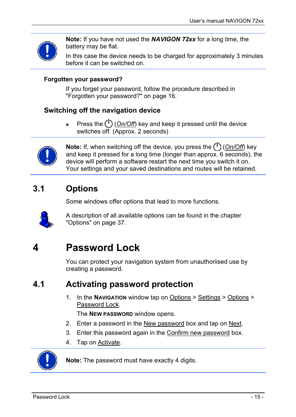 1 options, 4 password lock, 1 activating password protection | Switching on the navigon 72xx, Options, Switching off the navigation device | Navigon 72xx User Manual | Page 15 / 67