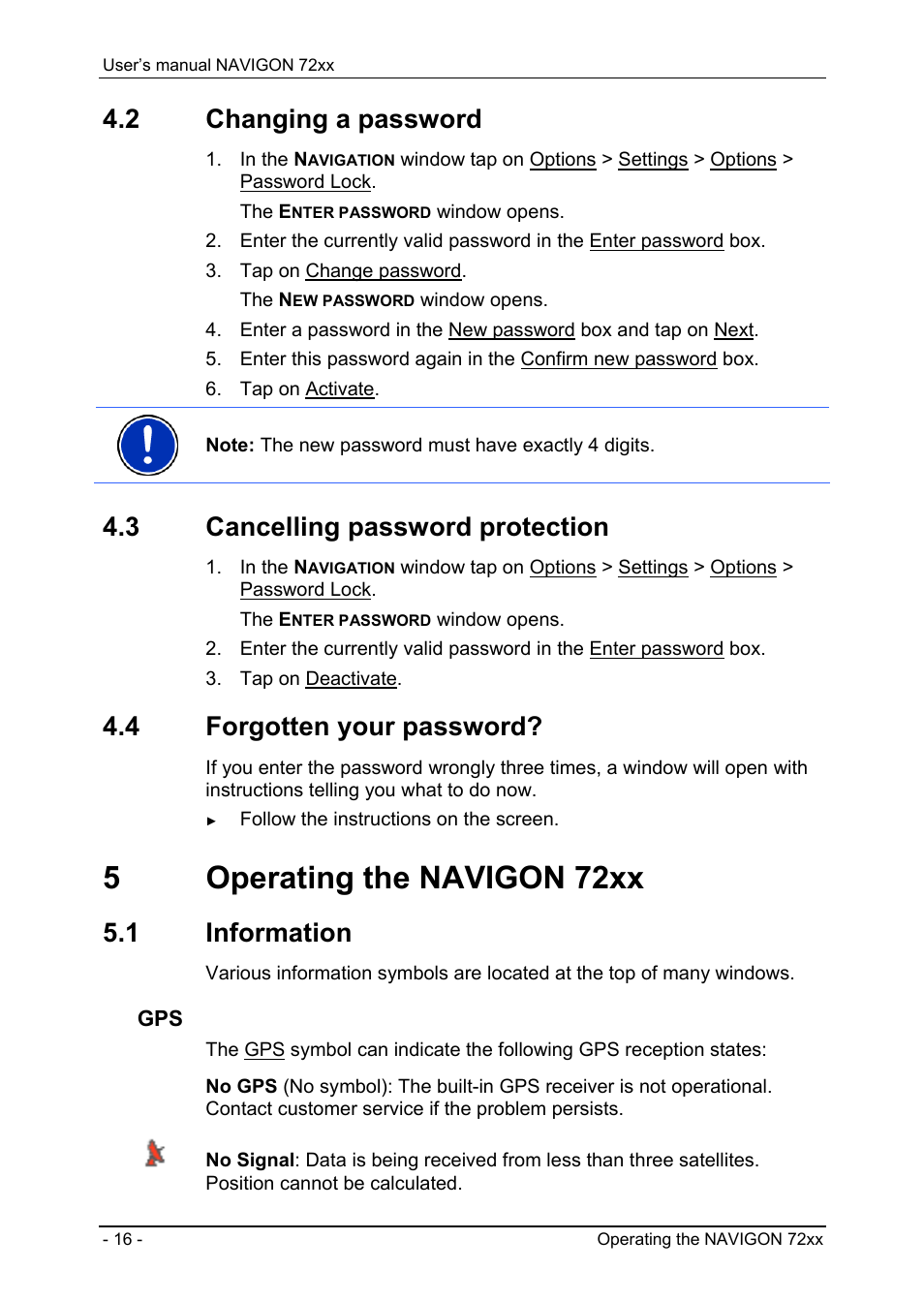 2 changing a password, 3 cancelling password protection, 4 forgotten your password | 5 operating the navigon 72xx, 1 information, Password lock, Activating password protection, Changing a password, Cancelling password protection, Forgotten your password | Navigon 72xx User Manual | Page 16 / 67