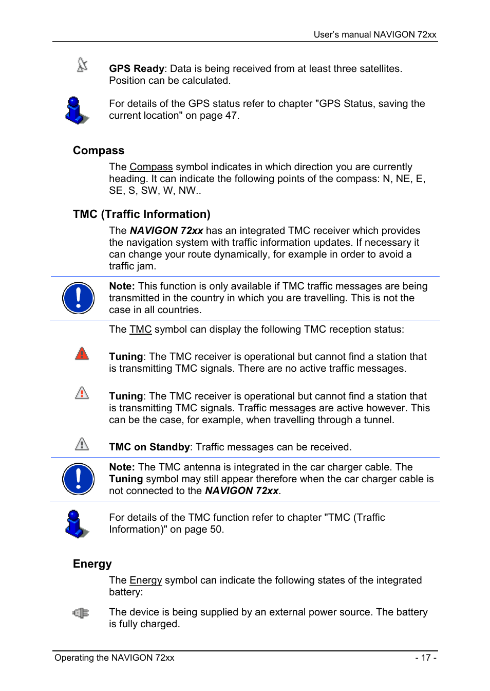 Forgotten your password, Operating the navigon 72xx, Information | Compass, Tmc (traffic information), Energy | Navigon 72xx User Manual | Page 17 / 67