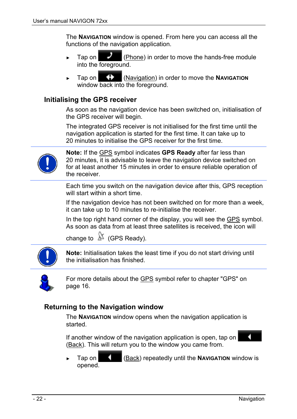 Starting the navigation application, Initialising the gps receiver, Returning to the navigation window | Navigon 72xx User Manual | Page 22 / 67