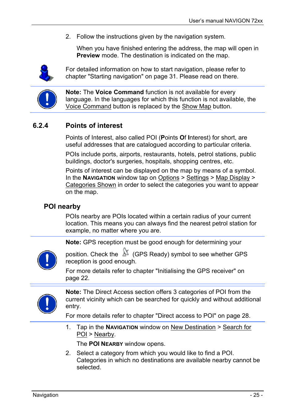 4 points of interest, Selecting the destination address by voice command, Poi nearby | Navigon 72xx User Manual | Page 25 / 67