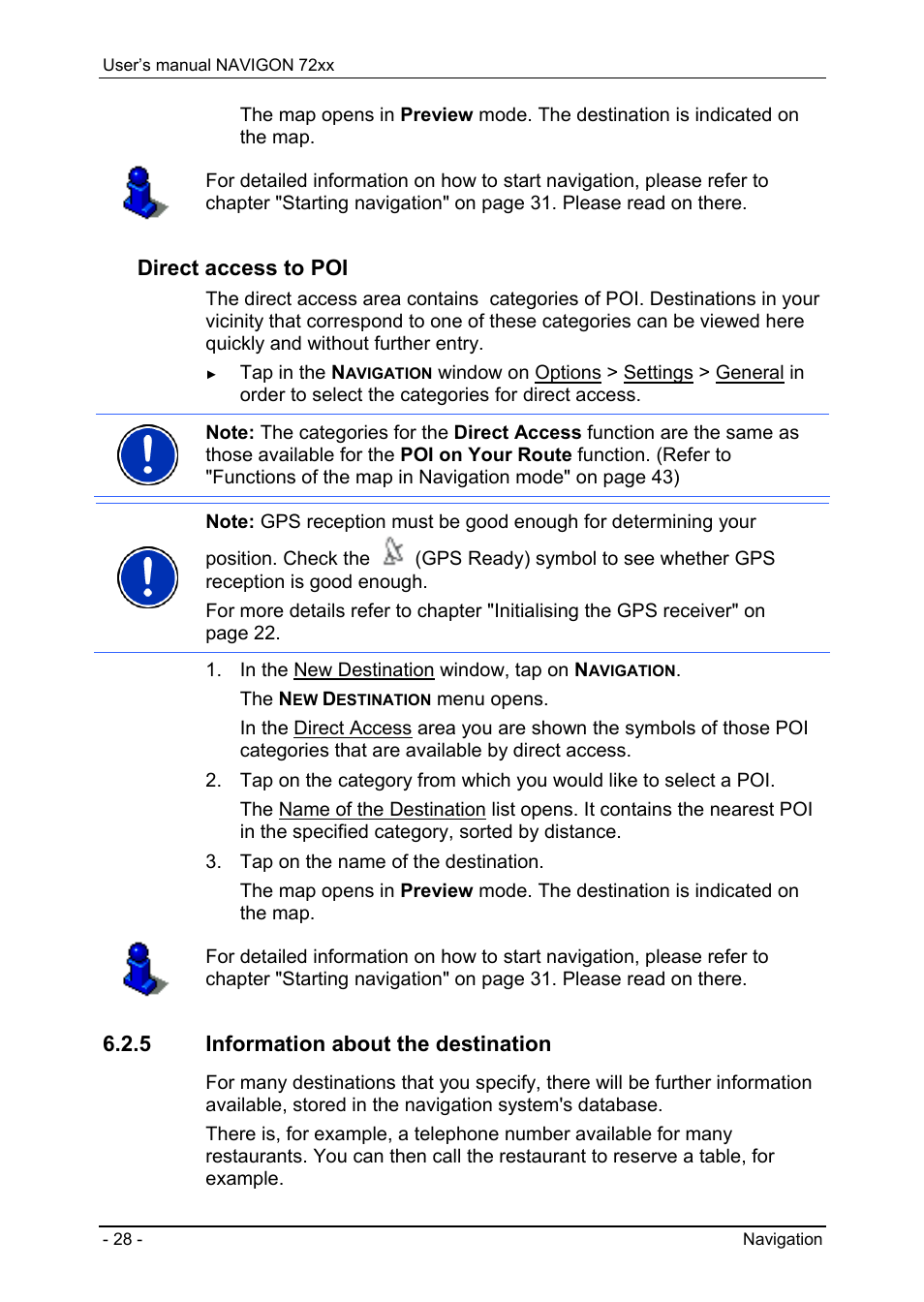 5 information about the destination, Direct access to poi" on, To "information about the destination" on | Direct access to poi | Navigon 72xx User Manual | Page 28 / 67