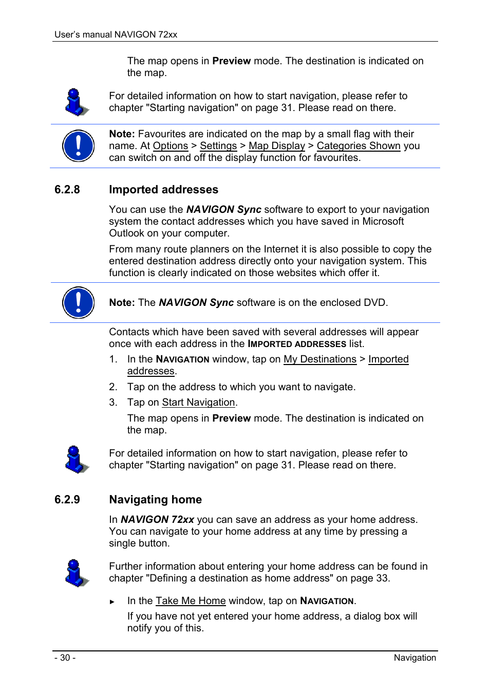 8 imported addresses, 9 navigating home, Last destinations | Favourites | Navigon 72xx User Manual | Page 30 / 67