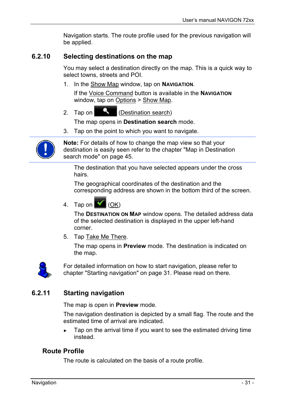 10 selecting destinations on the map, 11 starting navigation, Imported addresses | Chapter "starting navigation" on p, Please r, Route profile | Navigon 72xx User Manual | Page 31 / 67