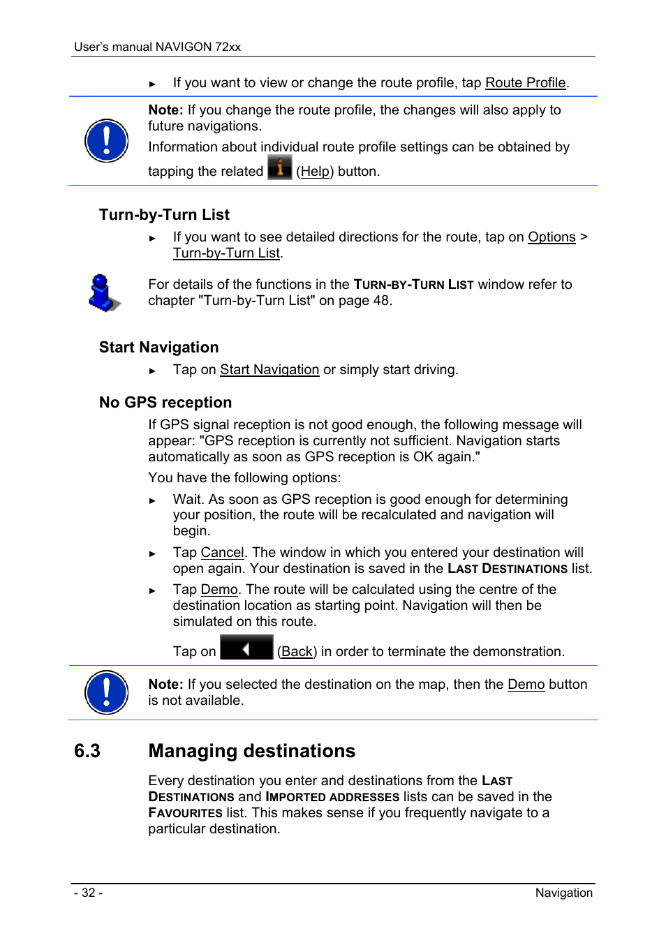 3 managing destinations, Navigating home, Selecting destinations on the map | Turn-by-turn list, Start navigation, No gps reception | Navigon 72xx User Manual | Page 32 / 67