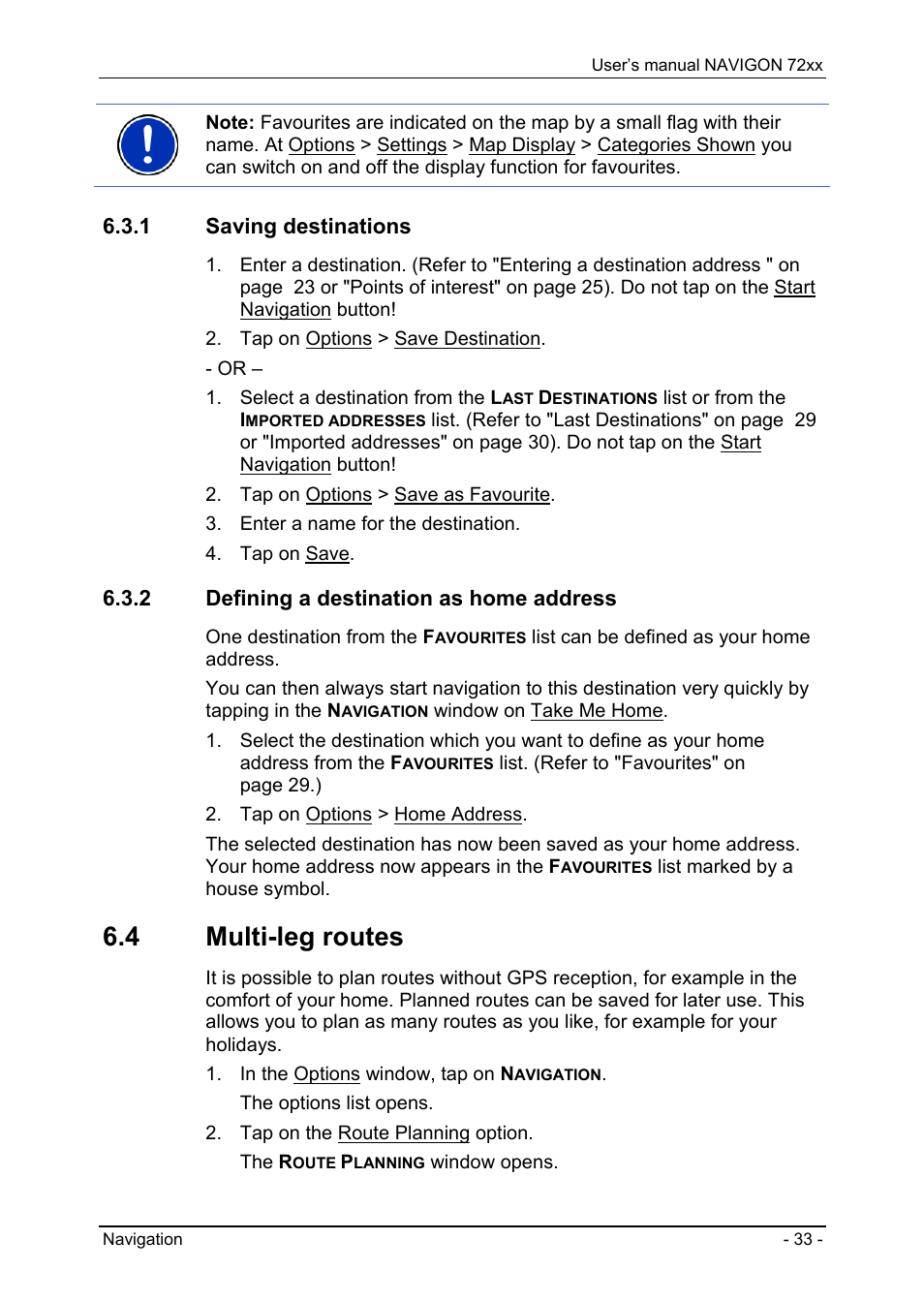 1 saving destinations, 2 defining a destination as home address, 4 multi-leg routes | Starting navigation | Navigon 72xx User Manual | Page 33 / 67