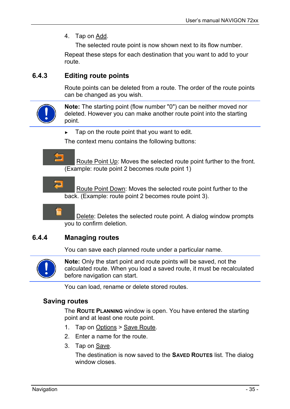 3 editing route points, 4 managing routes, Defining a destination as home address | Multi-leg routes, Entering the starting point, Saving routes | Navigon 72xx User Manual | Page 35 / 67