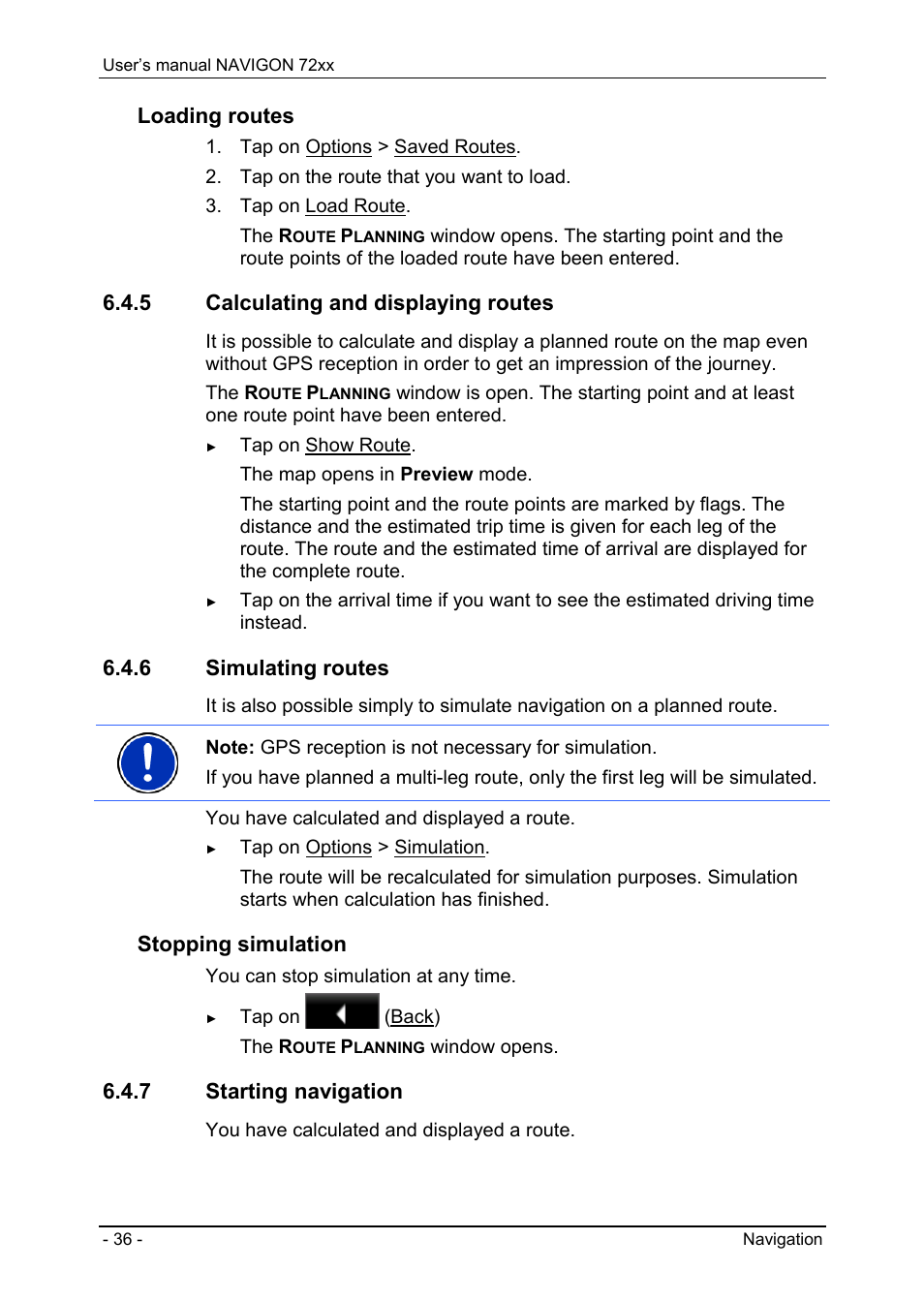 5 calculating and displaying routes, 6 simulating routes, 7 starting navigation | Entering route points, Editing route points, Loading routes, Stopping simulation | Navigon 72xx User Manual | Page 36 / 67