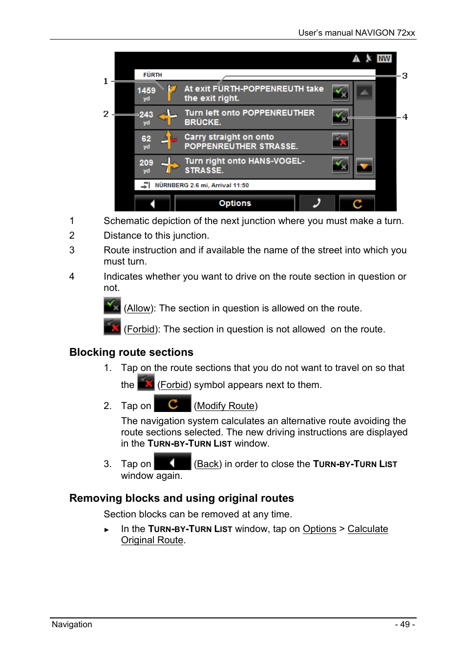 Useful functions, Direct help, Removing blocks and using original routes | Navigon 72xx User Manual | Page 49 / 67