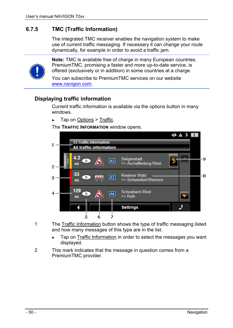 5 tmc (traffic information), Gps status, saving the current location, Tmc (traffic information) | To "tmc (traffic information), Displaying traffic information | Navigon 72xx User Manual | Page 50 / 67