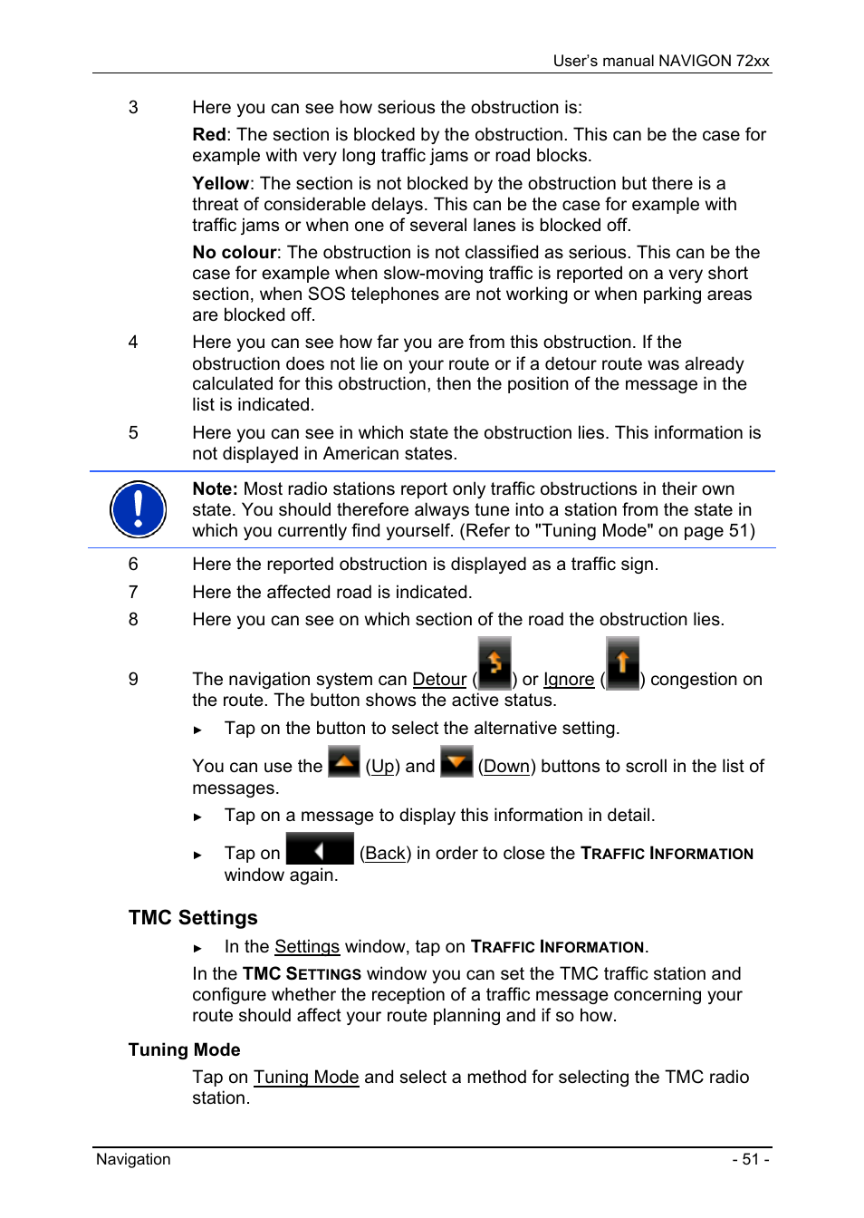 Block, Turn-by-turn list, Tmc settings | Navigon 72xx User Manual | Page 51 / 67