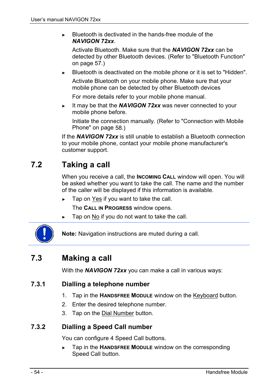 2 taking a call, 3 making a call, 1 dialling a telephone number | 2 dialling a speed call number | Navigon 72xx User Manual | Page 54 / 67