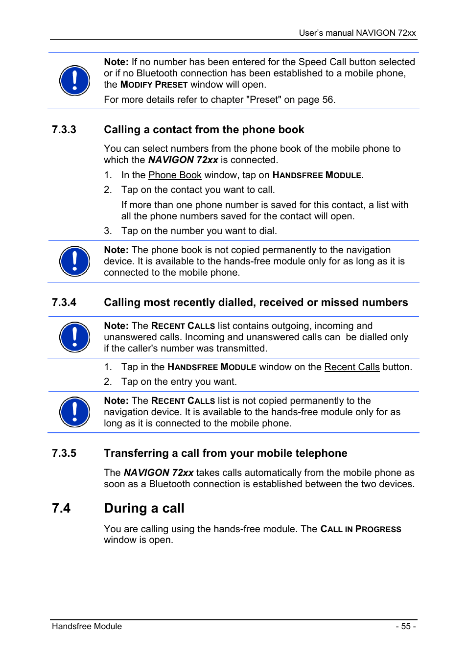 3 calling a contact from the phone book, 5 transferring a call from your mobile telephone, 4 during a call | Logbook | Navigon 72xx User Manual | Page 55 / 67