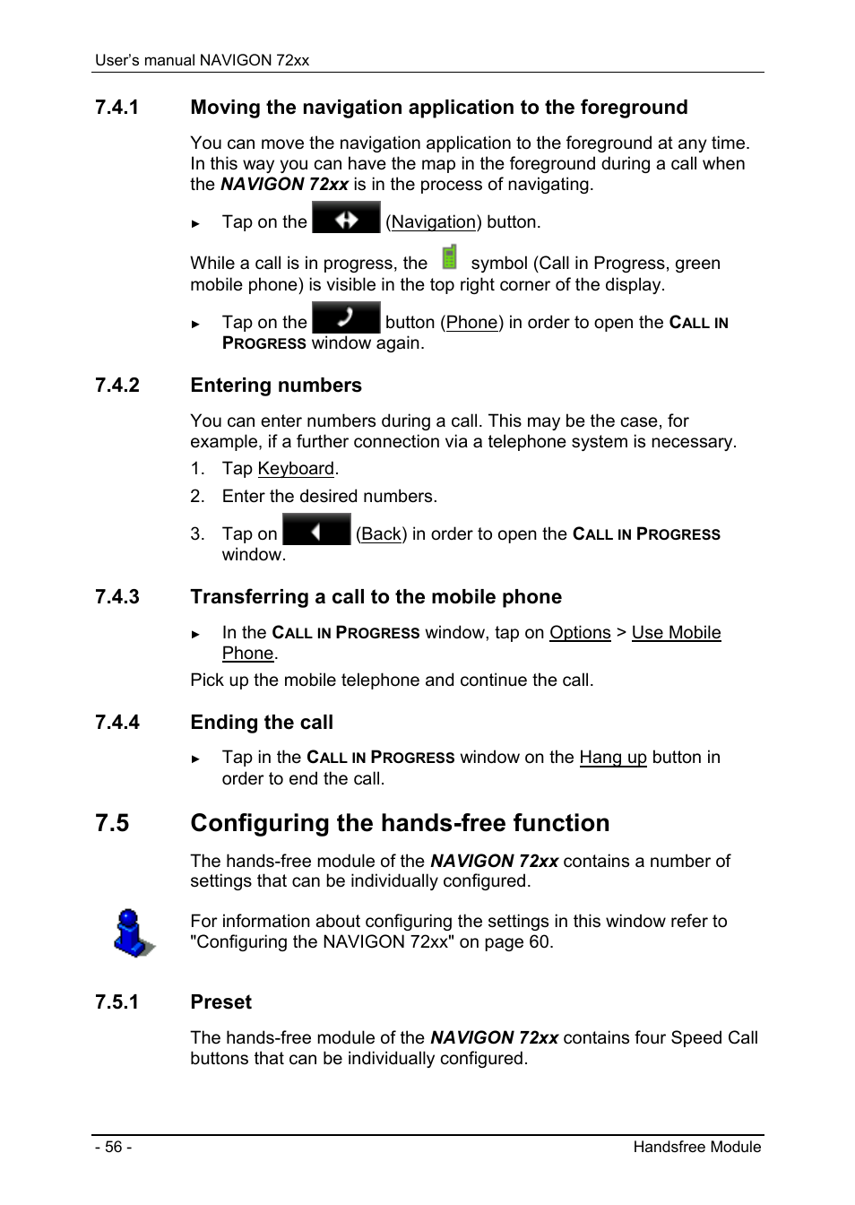 2 entering numbers, 3 transferring a call to the mobile phone, 4 ending the call | 5 configuring the hands-free function, 1 preset, Handsfree module | Navigon 72xx User Manual | Page 56 / 67