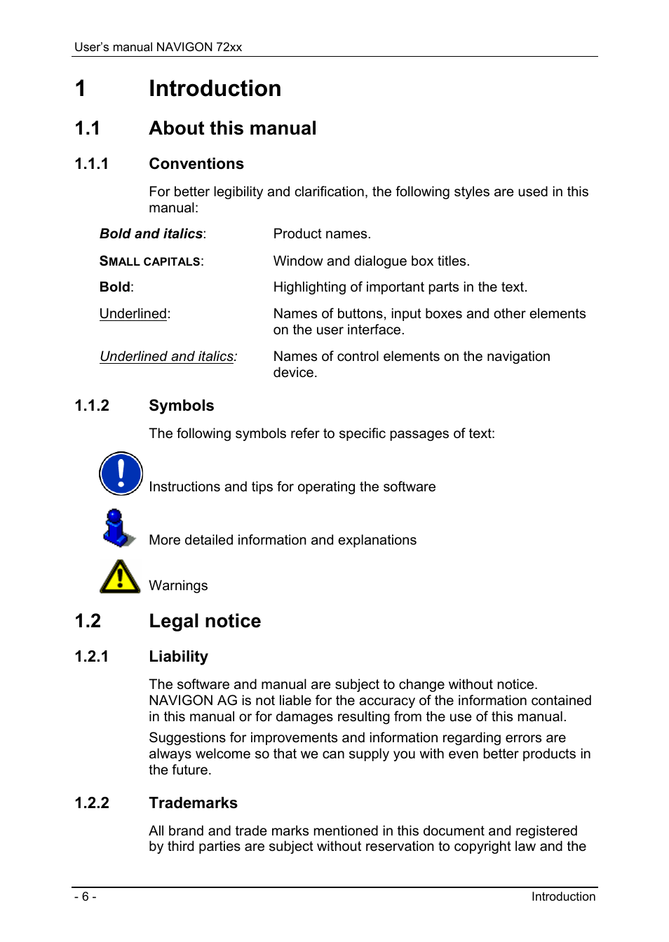 1 introduction, 1 about this manual, 1 conventions | 2 symbols, 2 legal notice, 1 liability, 2 trademarks, Introduction, About this manual, Conventions | Navigon 72xx User Manual | Page 6 / 67