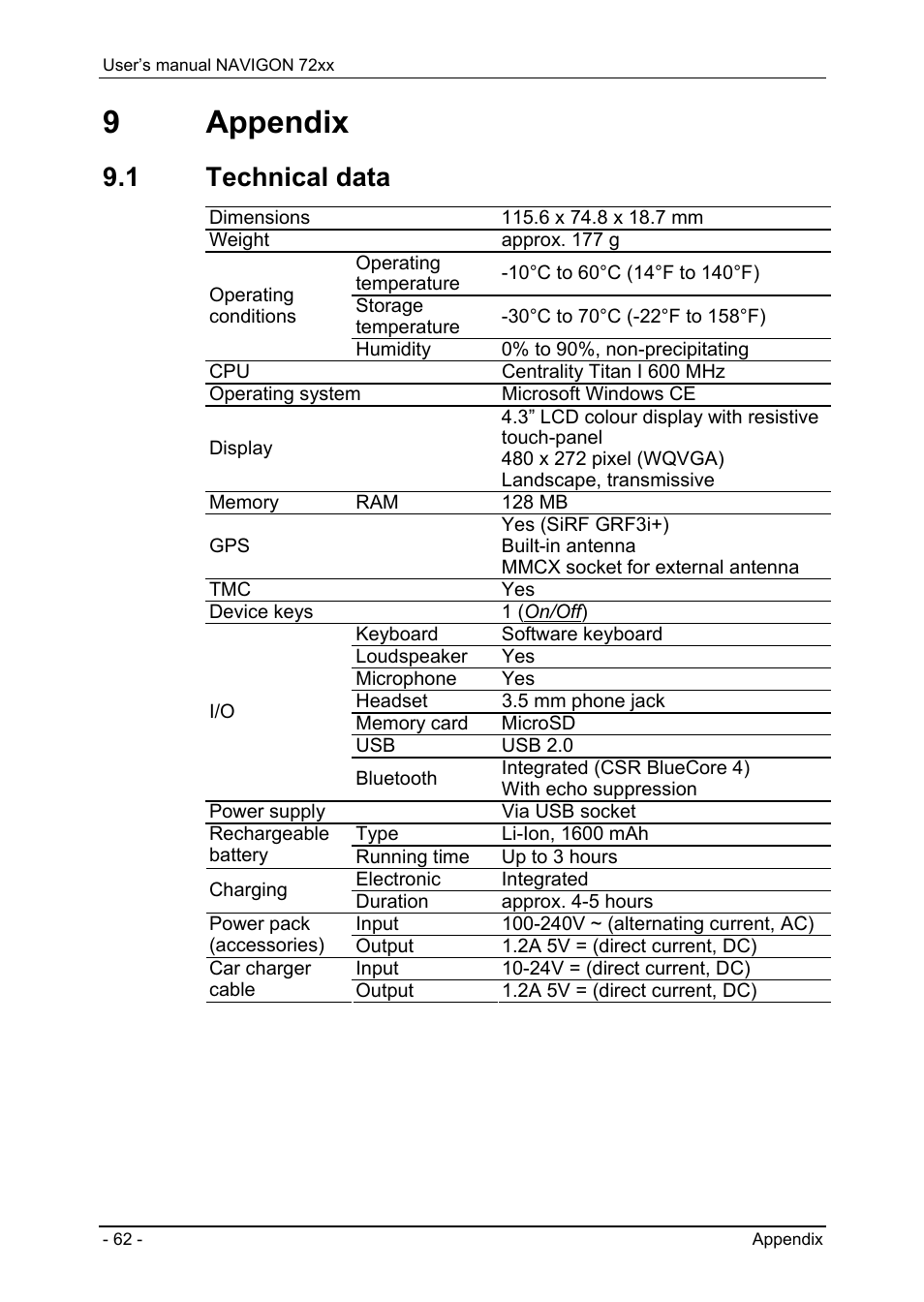 9 appendix, 1 technical data, Bluetooth function | Connection with mobile phone | Navigon 72xx User Manual | Page 62 / 67