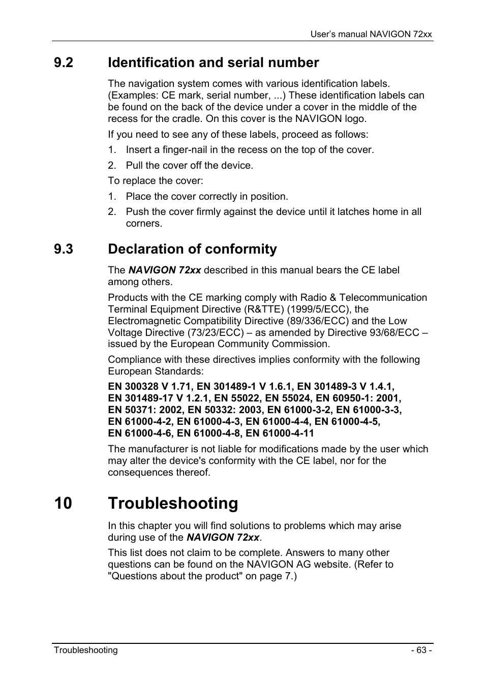 2 identification and serial number, 3 declaration of conformity, 10 troubleshooting | Establishing a connection from the mobile phone | Navigon 72xx User Manual | Page 63 / 67