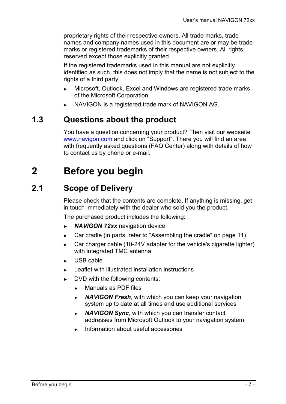 3 questions about the product, 2 before you begin, 1 scope of delivery | Trademarks, Questions about the product, Before you begin, Scope of delivery, 2before you begin | Navigon 72xx User Manual | Page 7 / 67