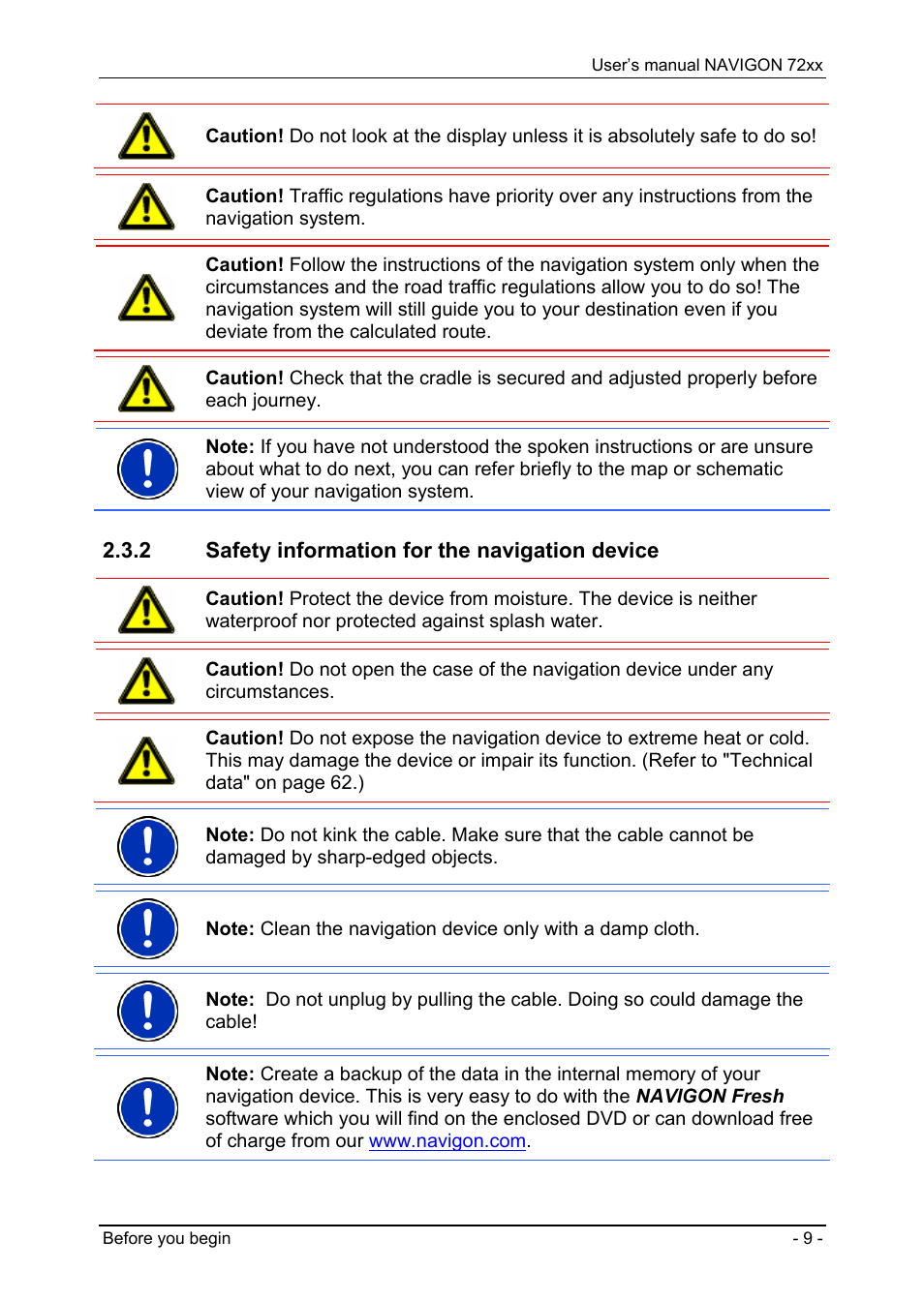 2 safety information for the navigation device, Important safety information, Navigation safety information | Safety information for the navigation device | Navigon 72xx User Manual | Page 9 / 67