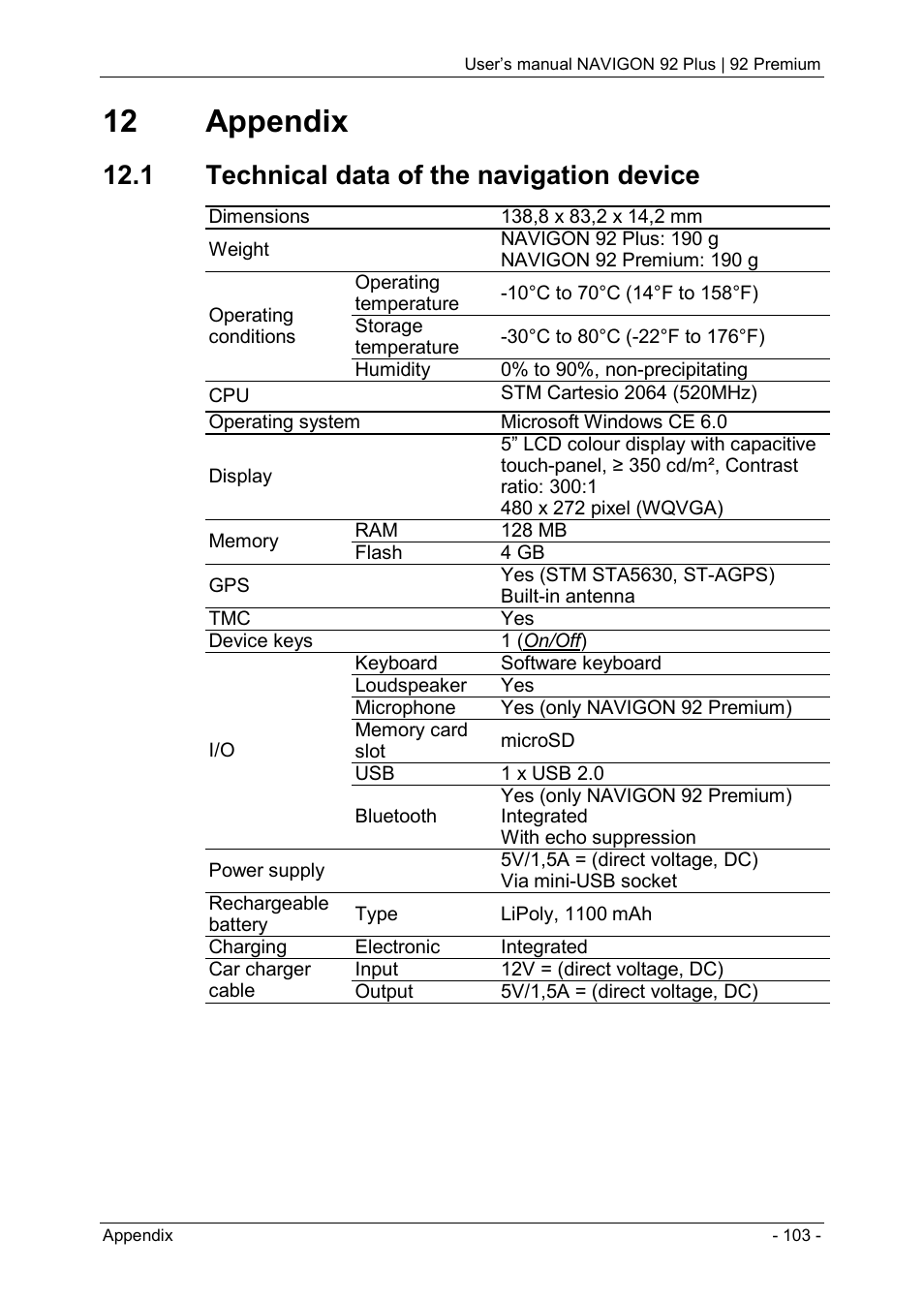 12 appendix, 1 technical data of the navigation device | Navigon 92 PREMIUM User Manual | Page 103 / 113