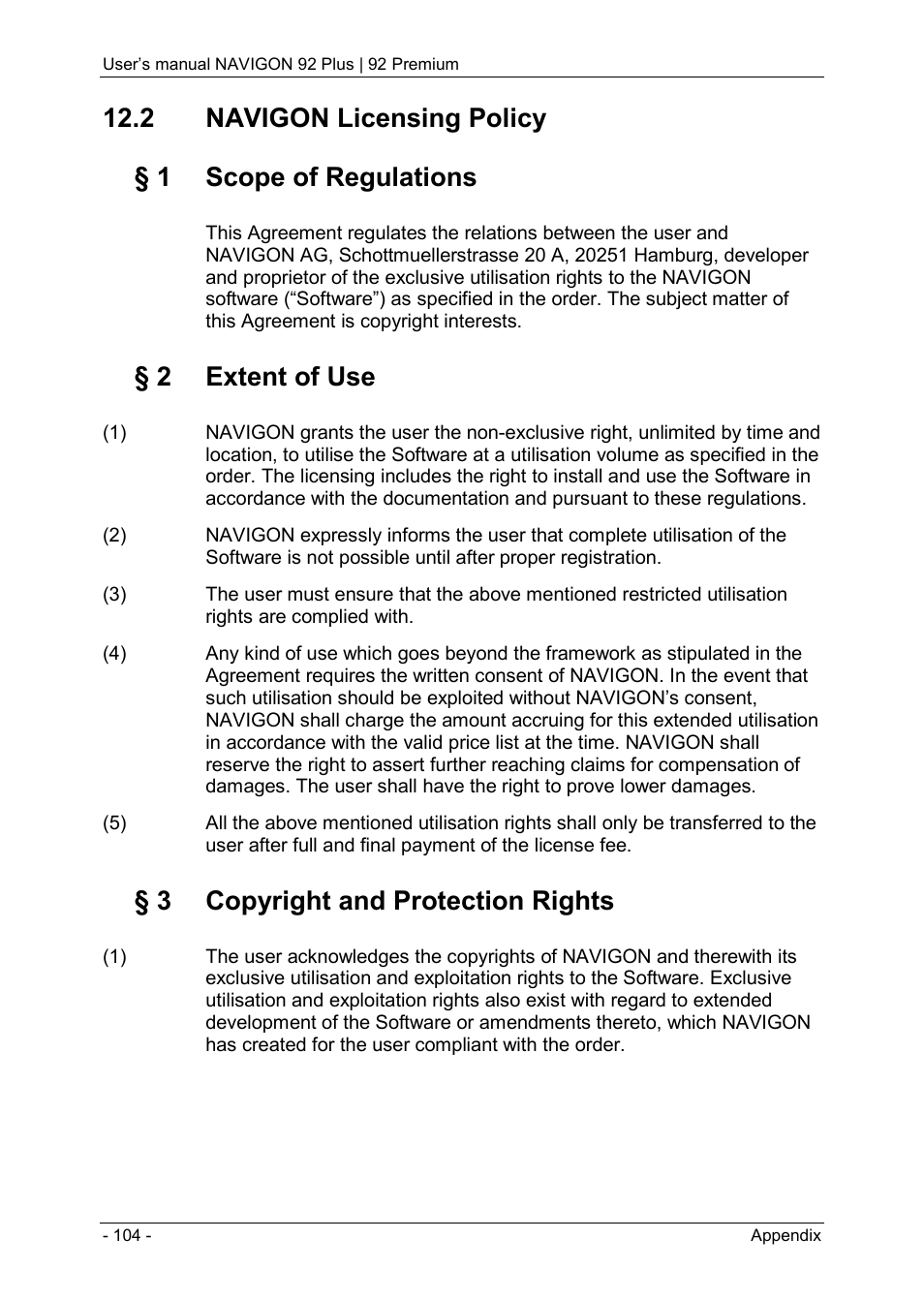 2 navigon licensing policy, 2 extent of use, 3 copyright and protection rights | Navigon 92 PREMIUM User Manual | Page 104 / 113