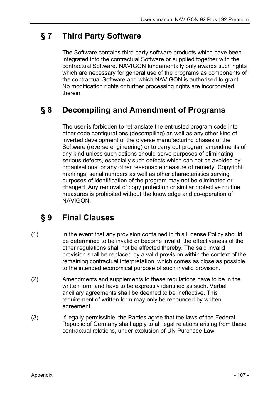 7 third party software, 8 decompiling and amendment of programs, 9 final clauses | Navigon 92 PREMIUM User Manual | Page 107 / 113