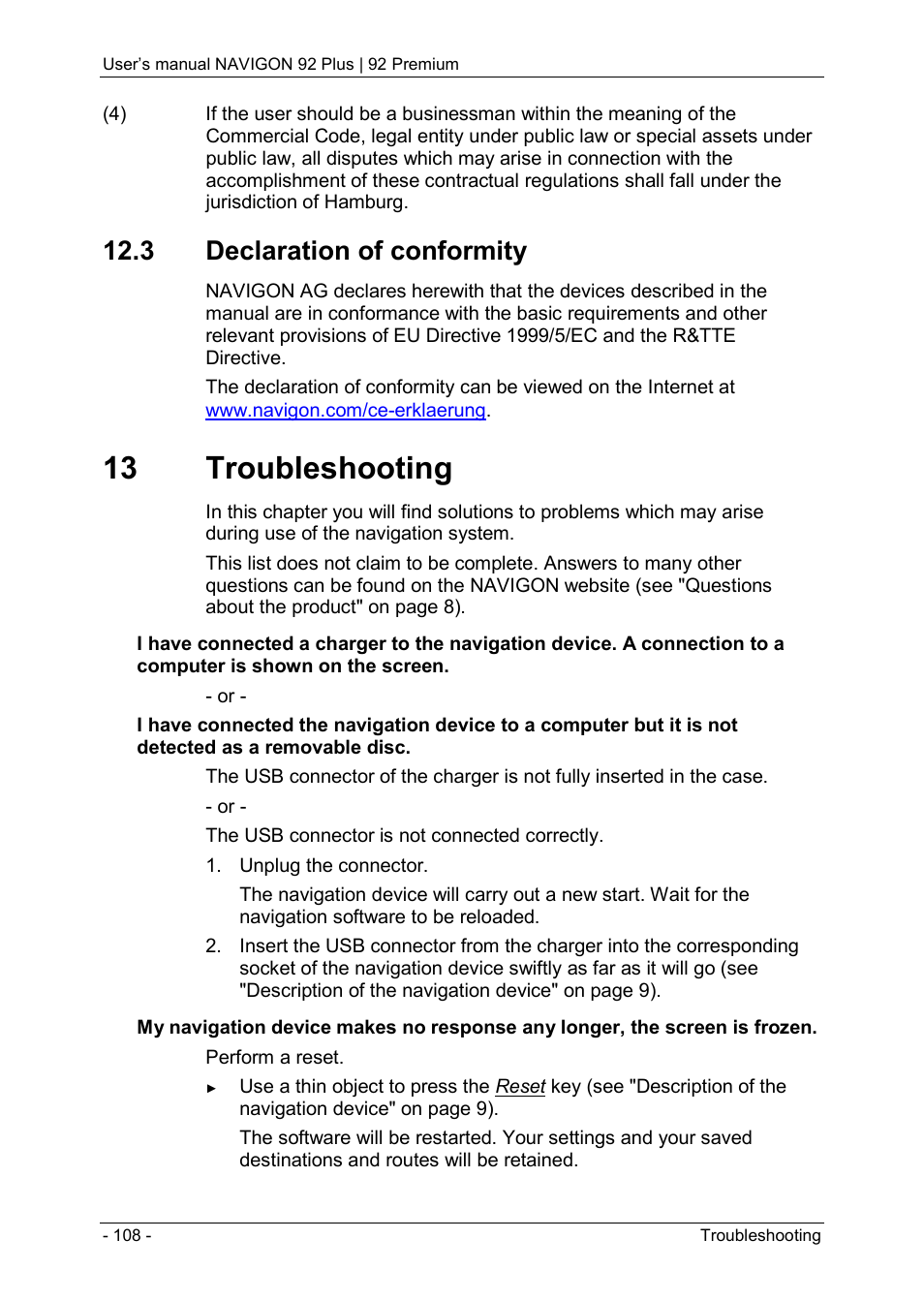 3 declaration of conformity, 13 troubleshooting | Navigon 92 PREMIUM User Manual | Page 108 / 113