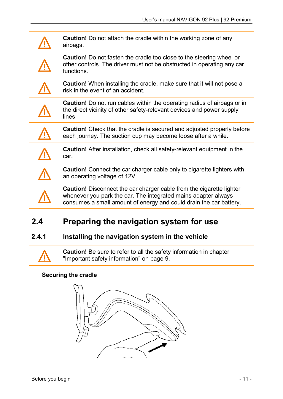 4 preparing the navigation system for use, 1 installing the navigation system in the vehicle | Navigon 92 PREMIUM User Manual | Page 11 / 113