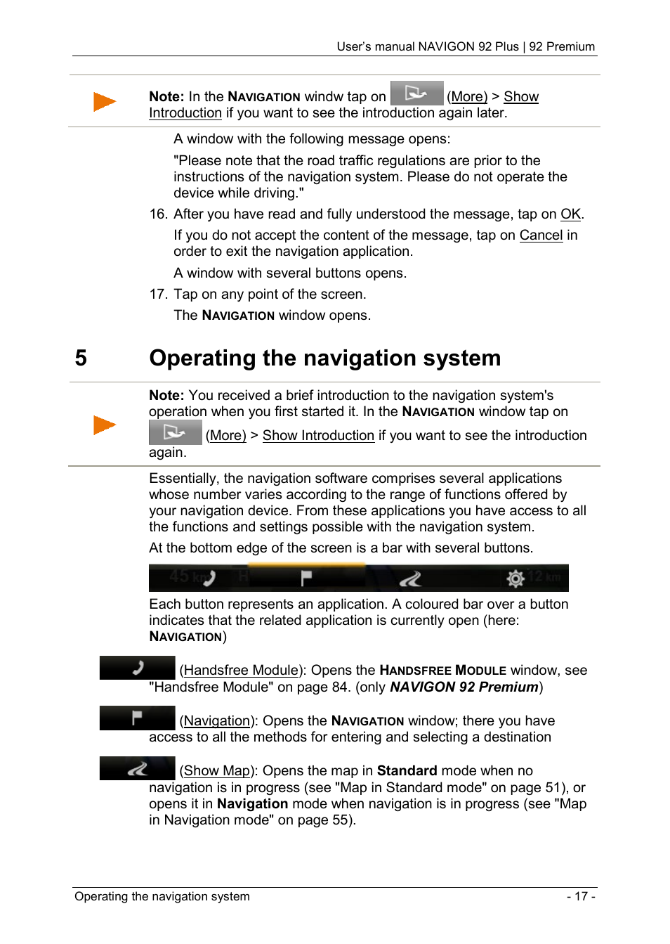 5 operating the navigation system, 5operating the navigation system | Navigon 92 PREMIUM User Manual | Page 17 / 113
