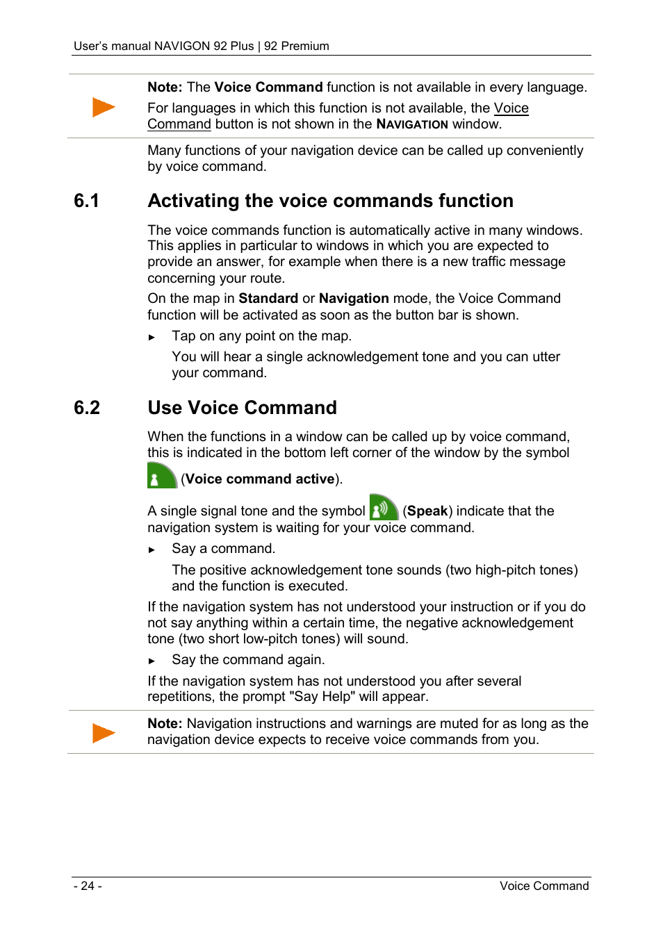 1 activating the voice commands function, 2 use voice command | Navigon 92 PREMIUM User Manual | Page 24 / 113