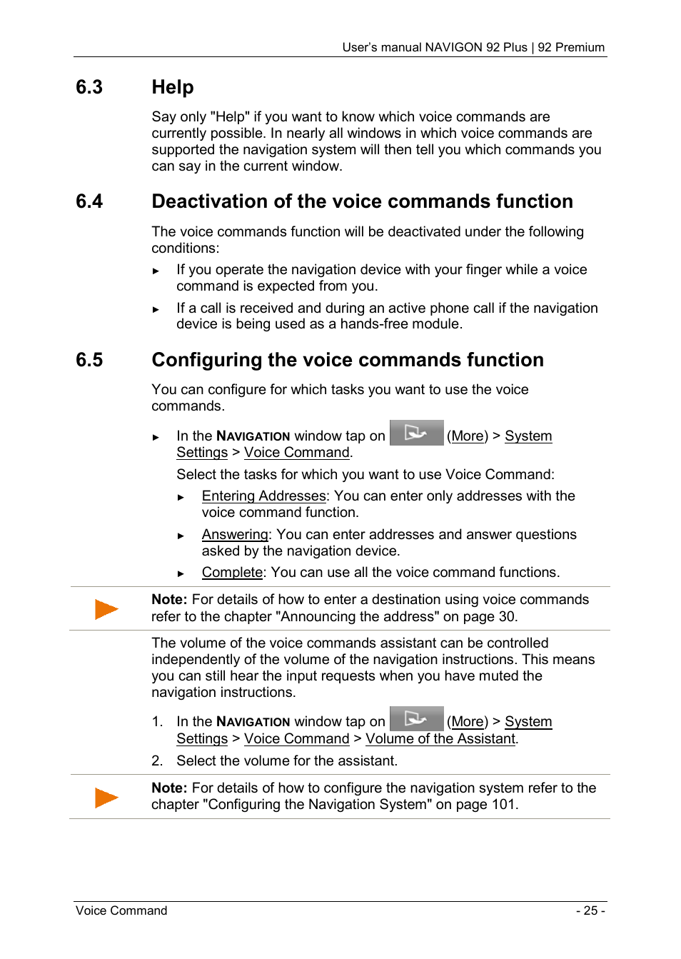 3 help, 4 deactivation of the voice commands function, 5 configuring the voice commands function | Navigon 92 PREMIUM User Manual | Page 25 / 113