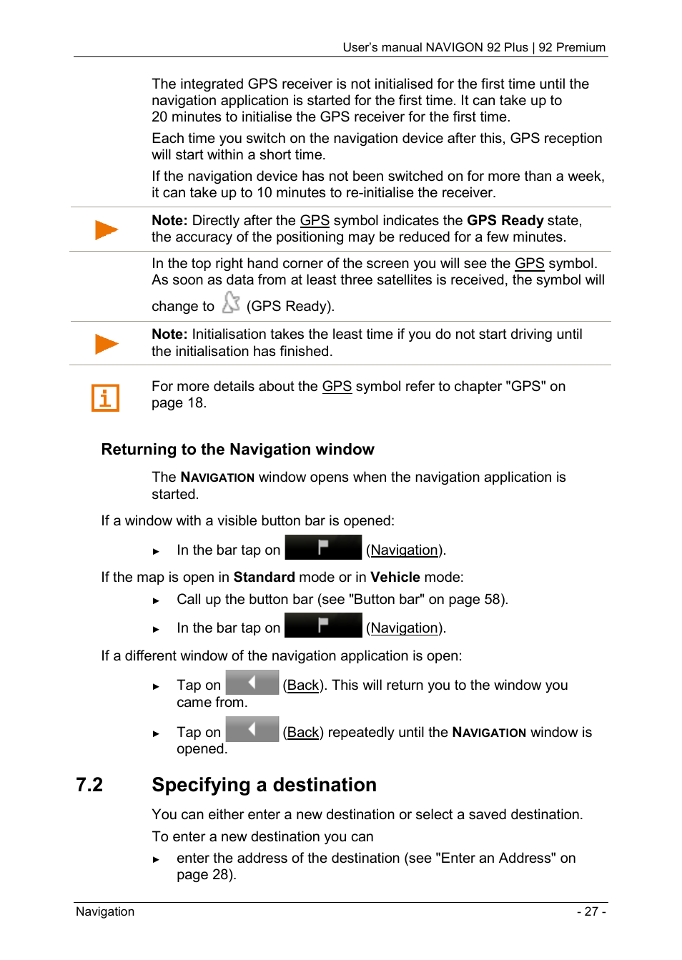 2 specifying a destination, Returning to the navigation window | Navigon 92 PREMIUM User Manual | Page 27 / 113