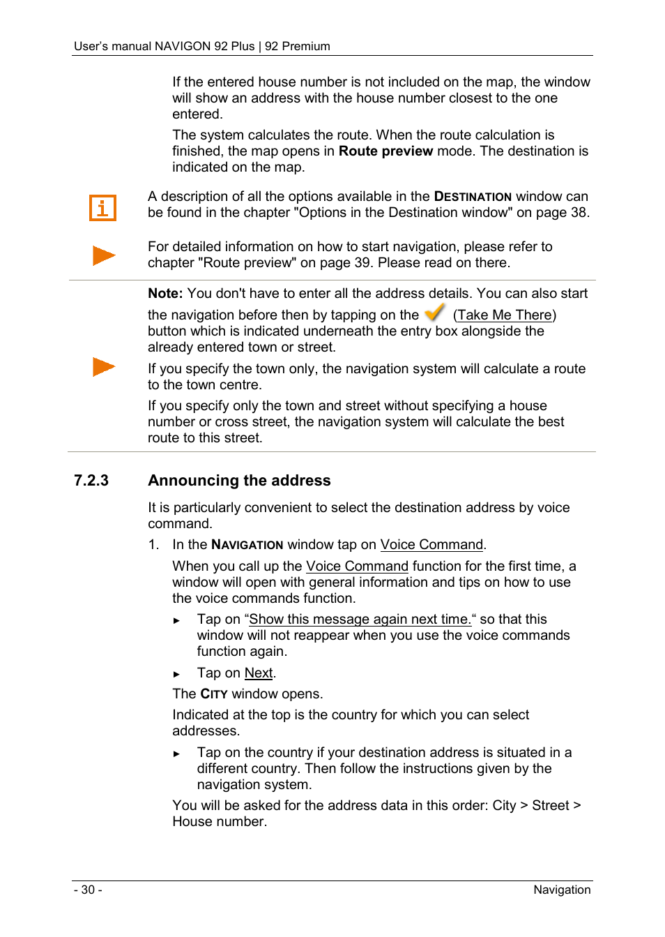 3 announcing the address | Navigon 92 PREMIUM User Manual | Page 30 / 113