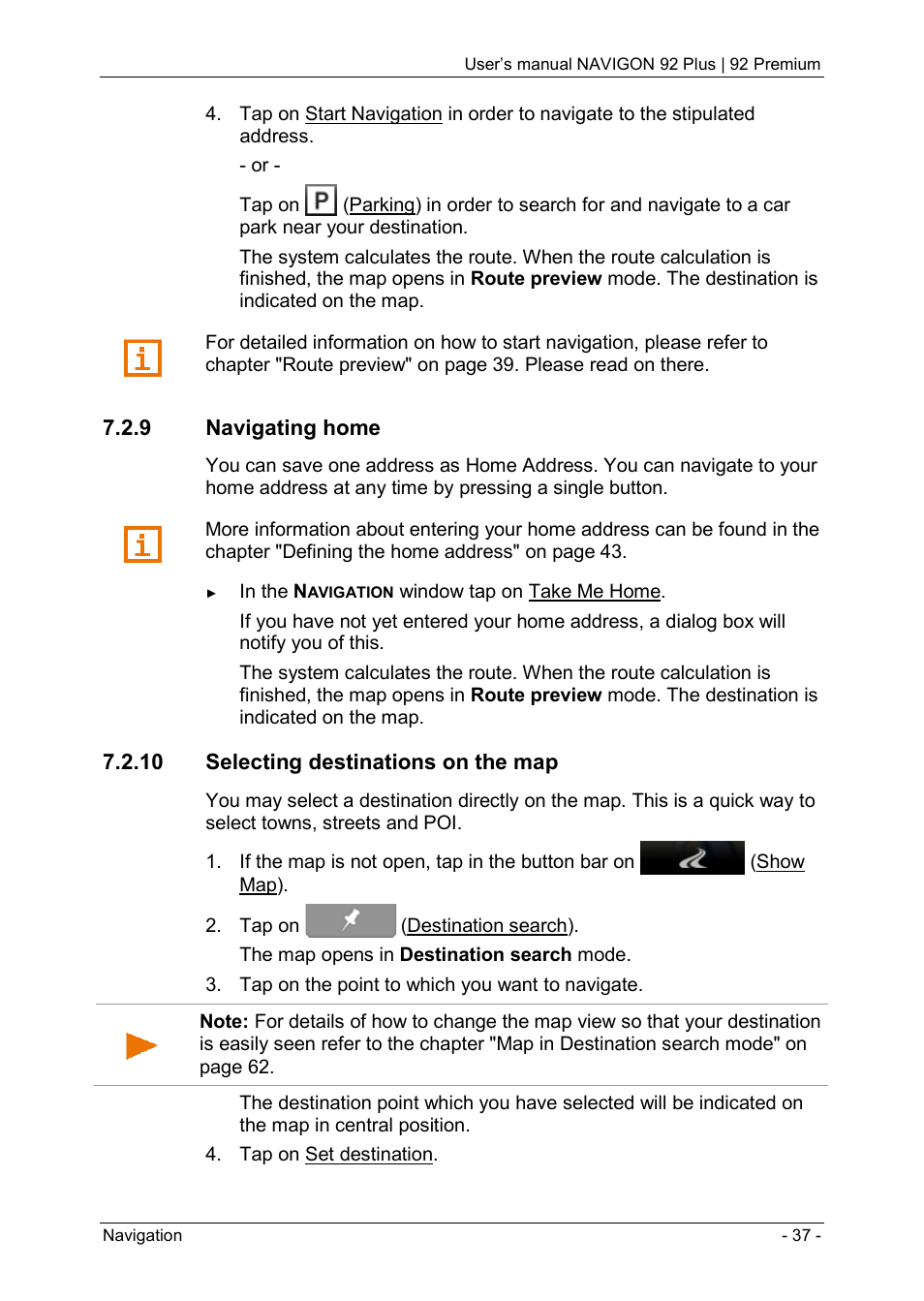 9 navigating home, 10 selecting destinations on the map | Navigon 92 PREMIUM User Manual | Page 37 / 113