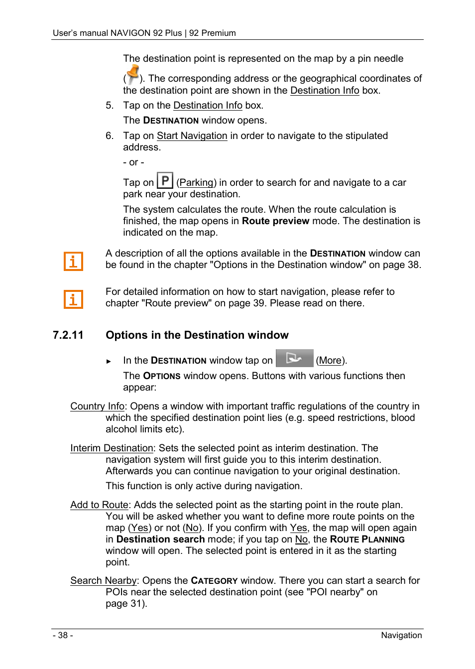 11 options in the destination window | Navigon 92 PREMIUM User Manual | Page 38 / 113