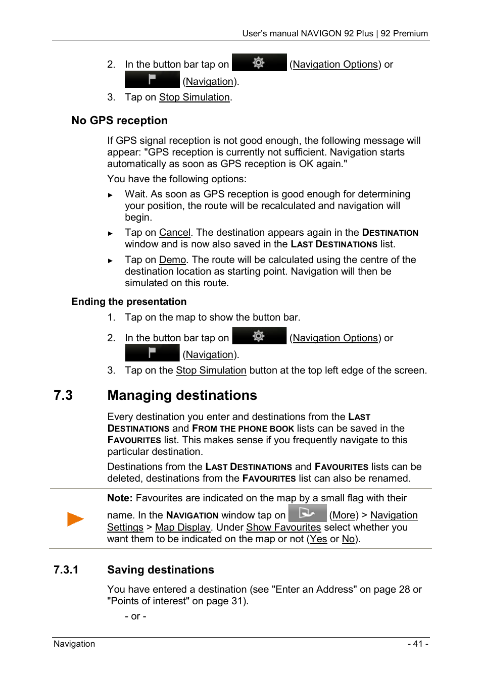3 managing destinations, 1 saving destinations | Navigon 92 PREMIUM User Manual | Page 41 / 113