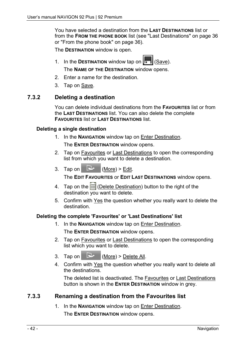 2 deleting a destination, 3 renaming a destination from the favourites list | Navigon 92 PREMIUM User Manual | Page 42 / 113