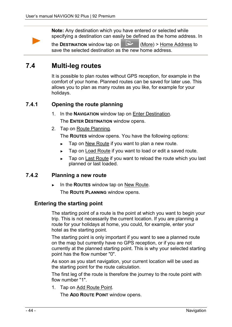 4 multi-leg routes, 1 opening the route planning, 2 planning a new route | Navigon 92 PREMIUM User Manual | Page 44 / 113