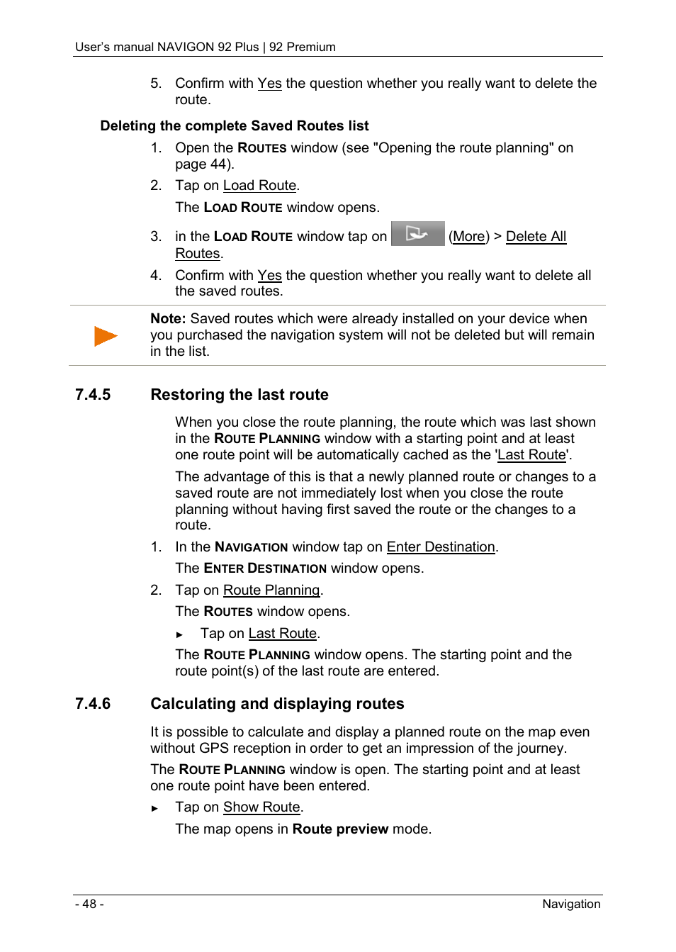 5 restoring the last route, 6 calculating and displaying routes | Navigon 92 PREMIUM User Manual | Page 48 / 113
