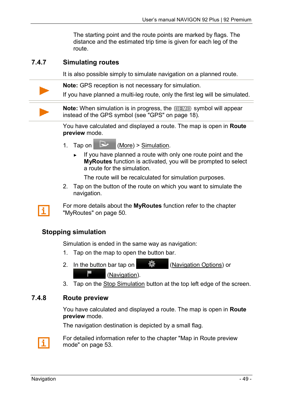 7 simulating routes, 8 route preview | Navigon 92 PREMIUM User Manual | Page 49 / 113
