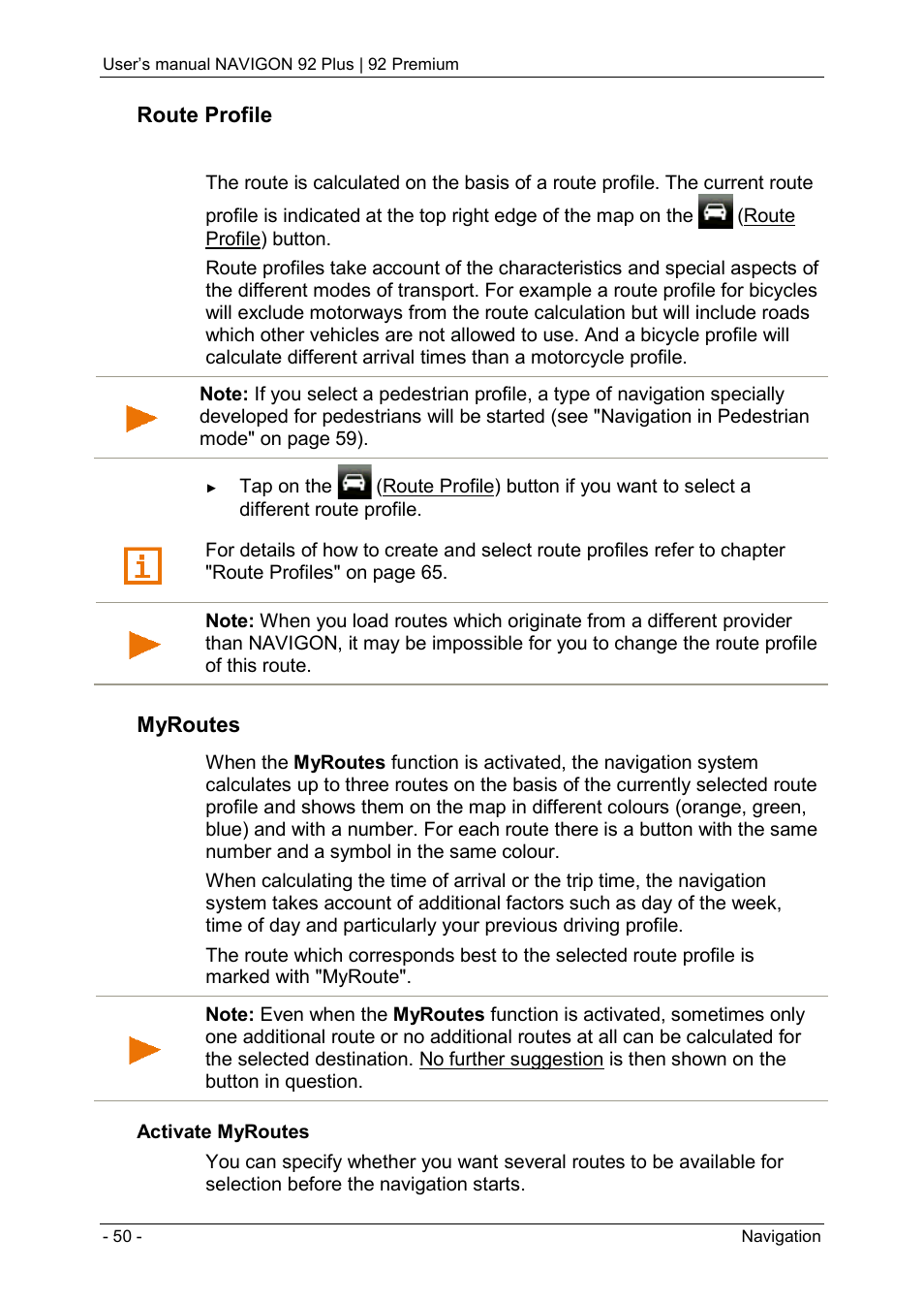 Route profile, Myroutes | Navigon 92 PREMIUM User Manual | Page 50 / 113