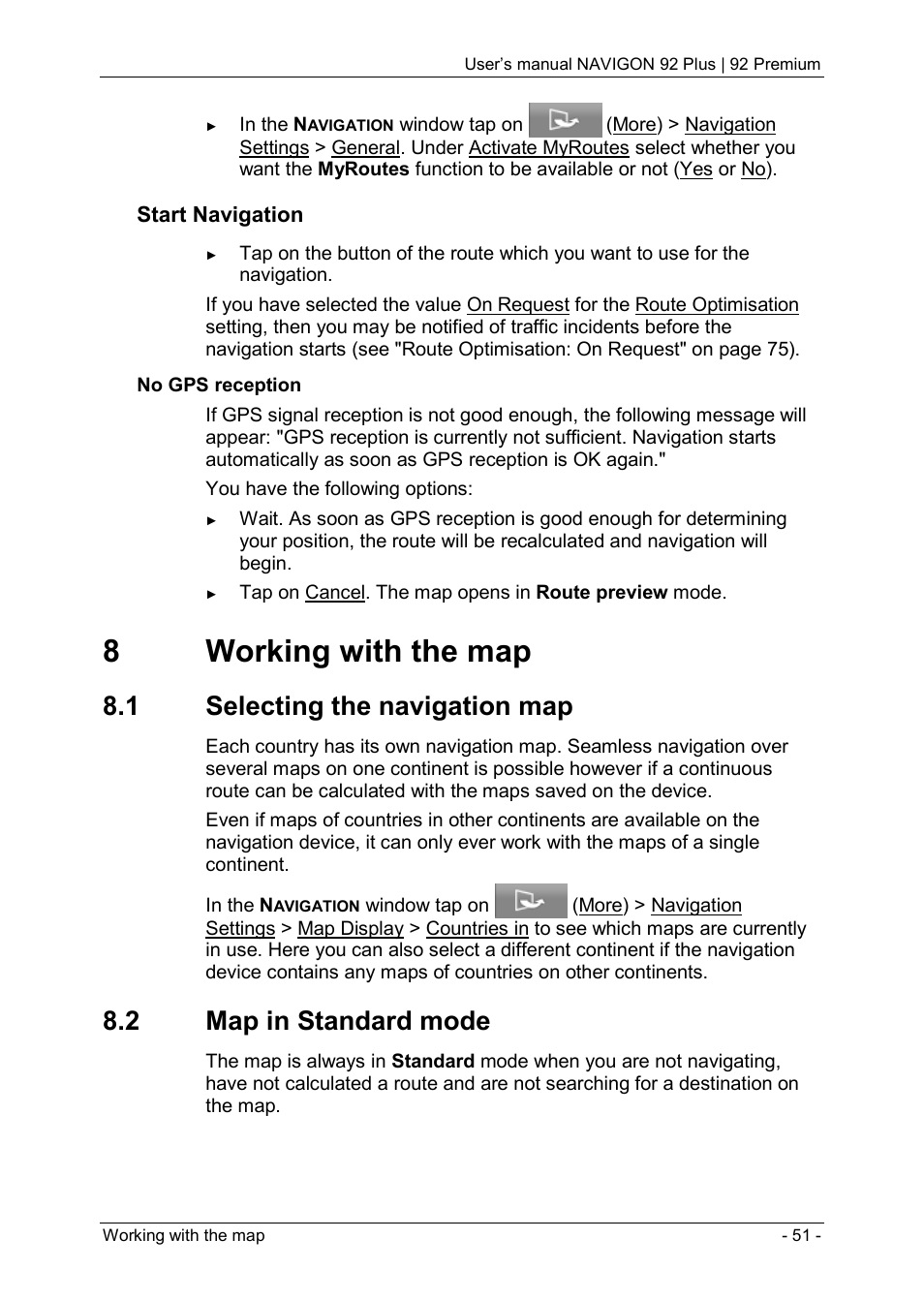 8 working with the map, 1 selecting the navigation map, 2 map in standard mode | 8working with the map | Navigon 92 PREMIUM User Manual | Page 51 / 113