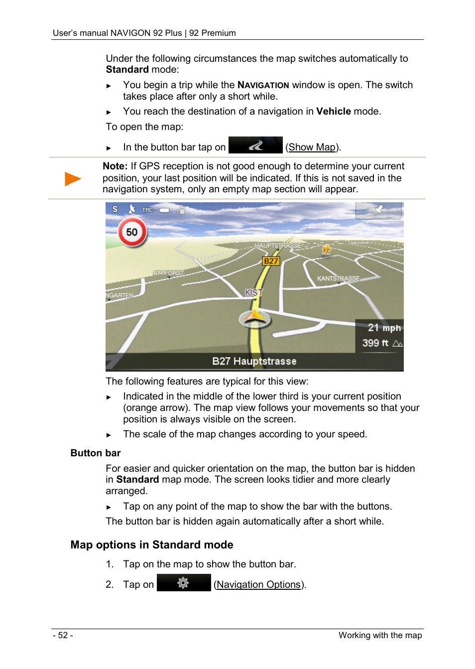 Map options in standard mode | Navigon 92 PREMIUM User Manual | Page 52 / 113