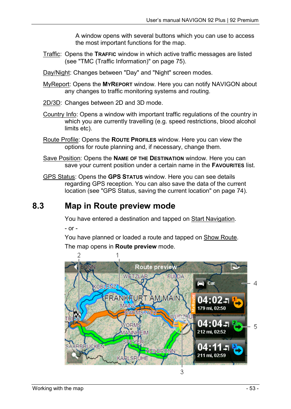 3 map in route preview mode, Map in route preview | Navigon 92 PREMIUM User Manual | Page 53 / 113